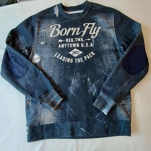 Born Fly Anytown USA Distressed Jean Long Sleeve Crewneck Mens Sweatshirt M